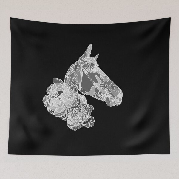 Item preview, White Horse with Peonies Floral Monochrome Dark Mode Illustration designed and sold by TatianaEleonor.