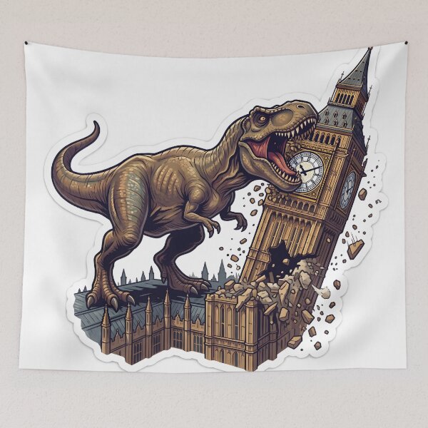 Item preview, Giant T-Rex Biting Big Ben London Dinosaur Attack designed and sold by TeeBeeDesigns.