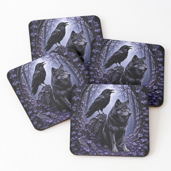 Item preview, Raven and Wolf in Mystical Forest – Dark Gothic Fantasy Wildlife Art designed and sold by SVALANART.