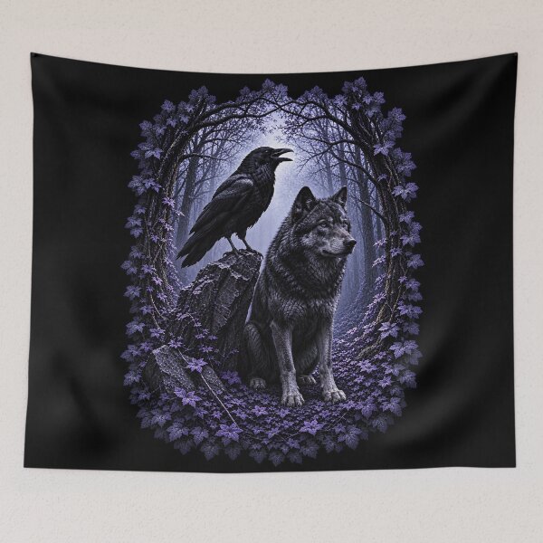 Item preview, Raven and Wolf in Mystical Forest – Dark Gothic Fantasy Wildlife Art designed and sold by SVALANART.