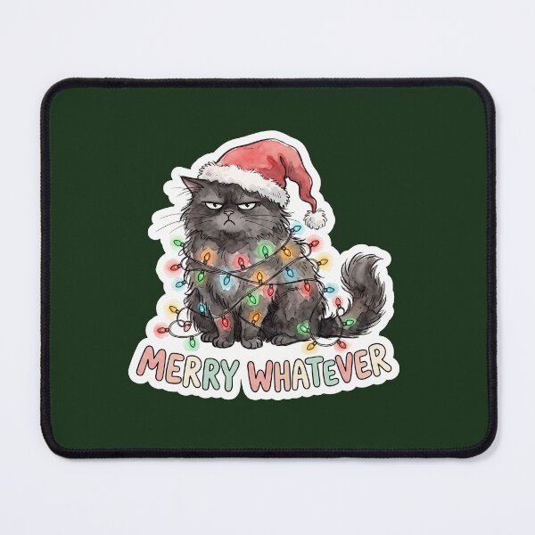 Item preview, Grumpy Black Cat Tangled in Christmas Lights - Merry Whatever designed and sold by BeyaDh.