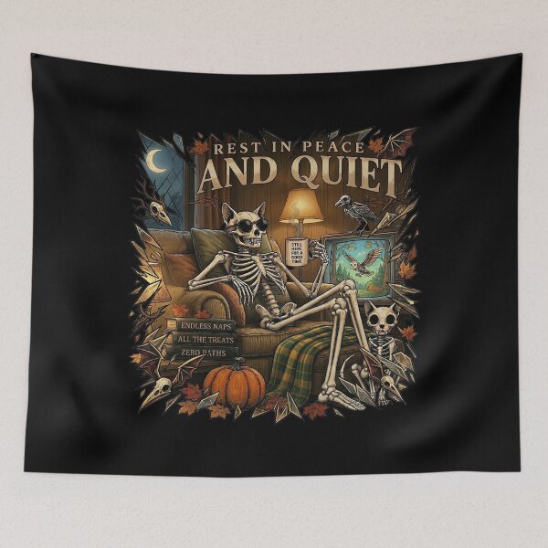 Item preview, Rest in Peace and Quiet - Cozy Skeletal Cat Watching TV Graphic designed and sold by DesignArtique.