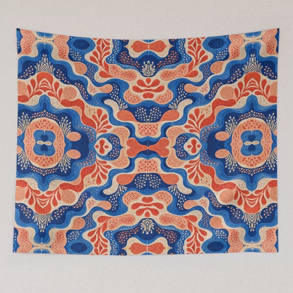 Item preview, Tidal Garden – Blue & Coral Textile Effect Repeat Pattern designed and sold by Paper-Pickle.