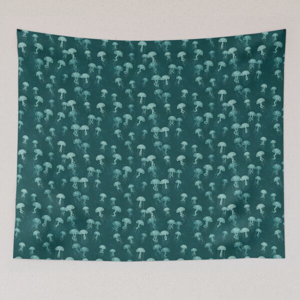 Item preview, Jellyfish Print With Deep Teal Drifting Jellyfish In Cool Tones designed and sold by cute-animals99.