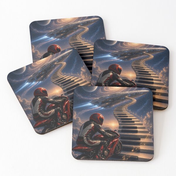 Item preview, Mitchk Galaxy Sonata – Motorcycle Rider at a Piano Staircase Rising into a Spiral Galaxy designed and sold by KGOart.