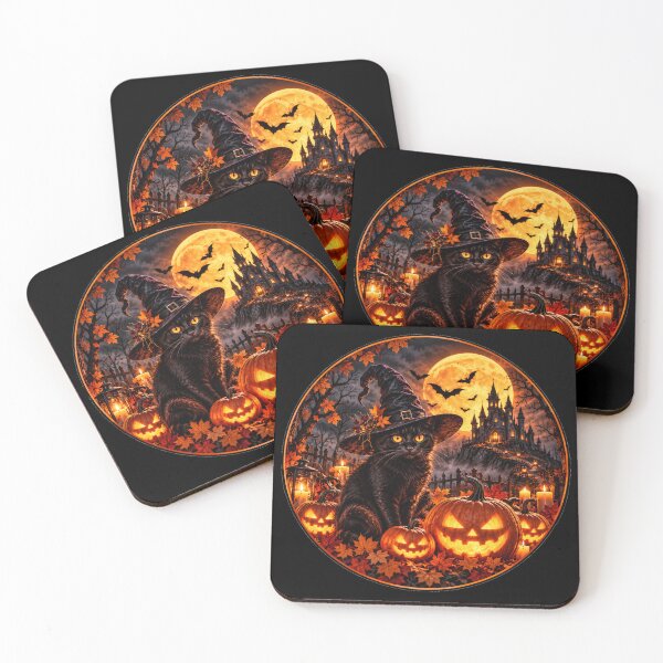 Item preview, Gothic Halloween Black Cat – Witch Hat, Glowing Pumpkins and Haunted Castle designed and sold by Kiziorq.