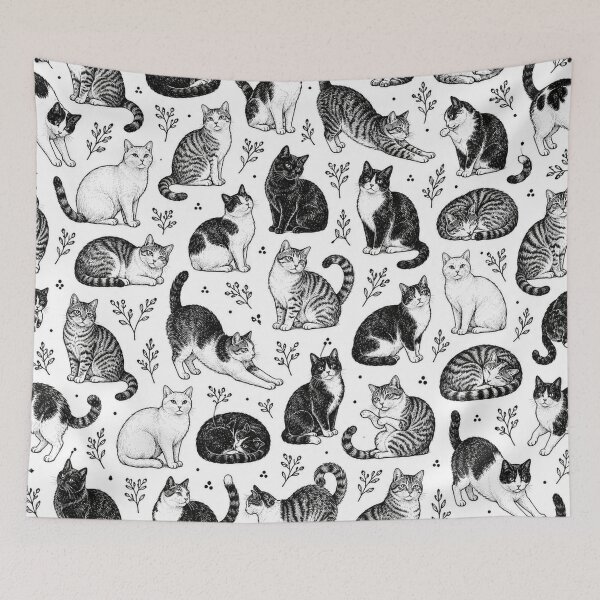 Item preview, Black and White Cats – Vintage Hand\-Drawn Feline Repeating Pattern designed and sold by ndesigns1.