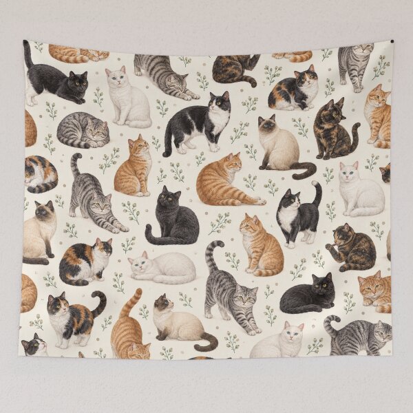 Item preview, Vintage Colorful Cats – Botanical Cat Repeating Pattern designed and sold by ndesigns1.