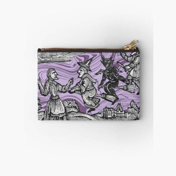 Item preview, Witches on Broomsticks - Antique Woodcut Art Print with Swirling Purple Marble Sky designed and sold by footnotes-club.