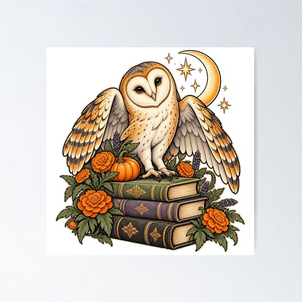 Item preview, Moonlit Barn Owl with Books and Marigolds designed and sold by NewAgeNexus.