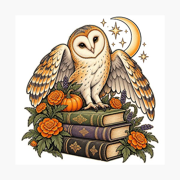 Item preview, Moonlit Barn Owl with Books and Marigolds designed and sold by NewAgeNexus.