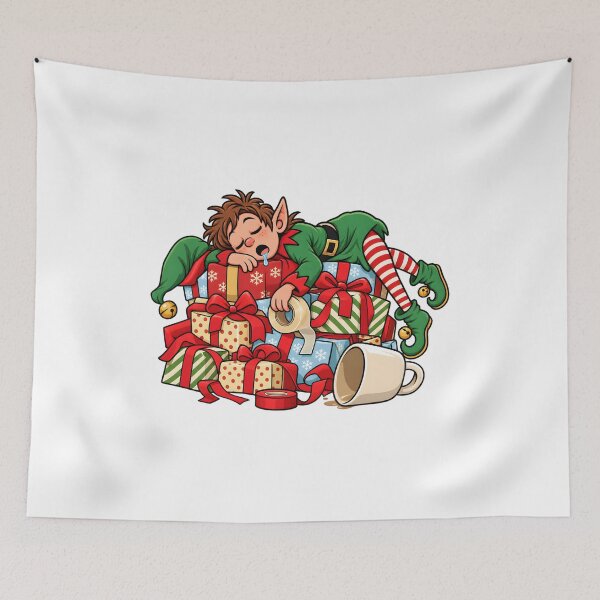 Item preview, Exhausted Christmas Elf Asleep on Presents designed and sold by RekiStyle.