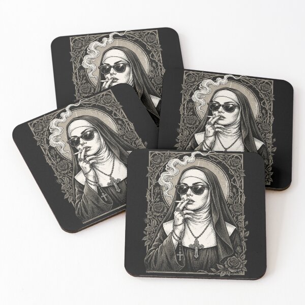 Item preview, Smoking Nun with Sunglasses Gothic Woodcut Art designed and sold by k3rstman1.