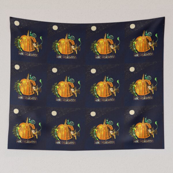 Item preview, Hello Halloween Cute Animals on Pumpkin Night Sky designed and sold by QRUASEL.