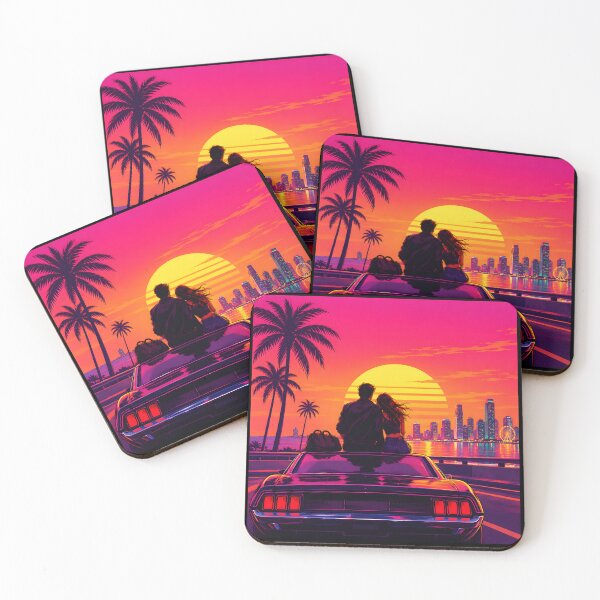 Item preview, Couple on Car Hood City Skyline Neon Sunset Retro designed and sold by RekiStyle.