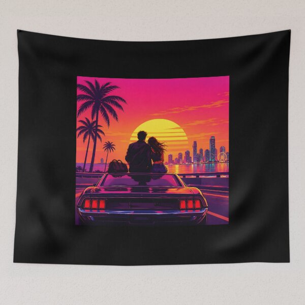 Item preview, Couple on Car Hood City Skyline Neon Sunset Retro designed and sold by RekiStyle.