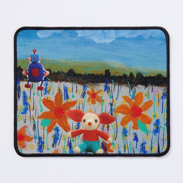 Item preview, Whimsical Meadow Painting with Crochet Robot & Mouse designed and sold by AshleyMobleyArt.