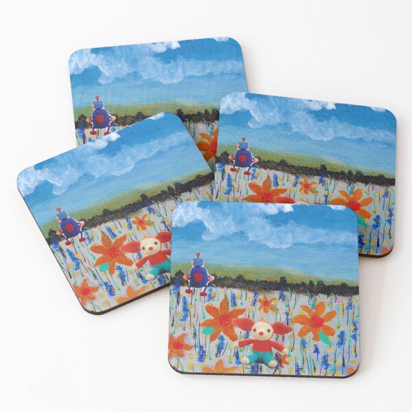 Item preview, Whimsical Meadow Painting with Crochet Robot & Mouse designed and sold by AshleyMobleyArt.