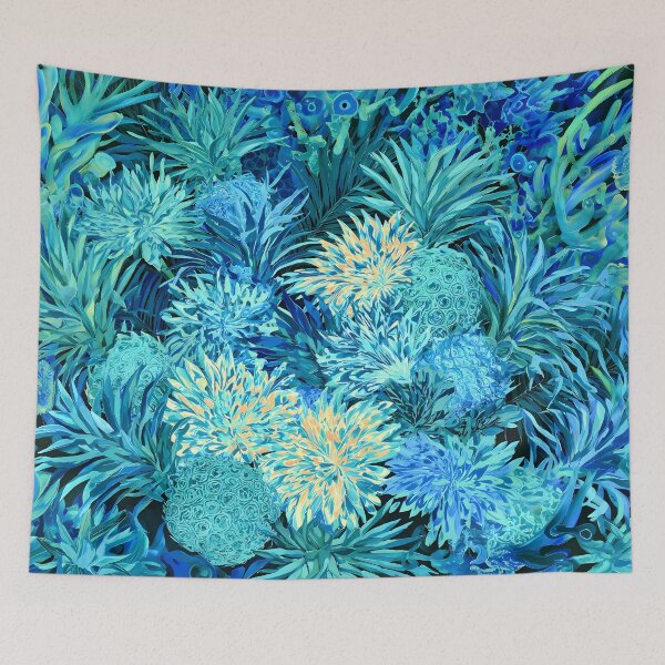 Item preview, Blue Tropical Floral Pattern Pineapple Coral Reef Art designed and sold by Lunat1kk.