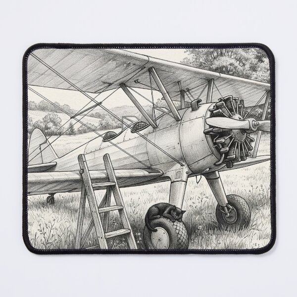 Item preview, Vintage Biplane, Ladder and Sleeping Cat - Graphite Pencil Sketch designed and sold by EMaviation_.
