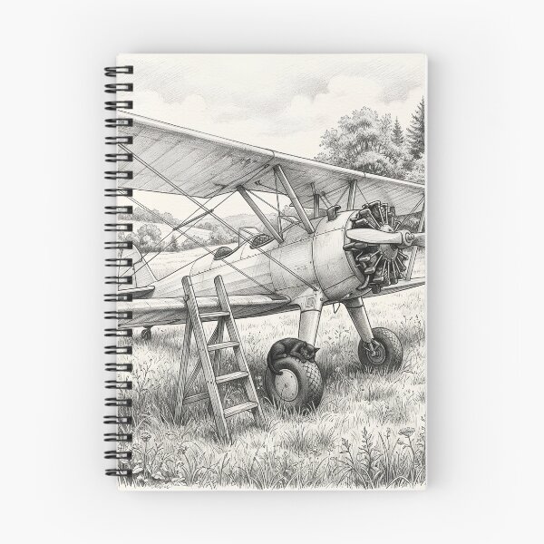 Item preview, Vintage Biplane, Ladder and Sleeping Cat - Graphite Pencil Sketch designed and sold by EMaviation_.