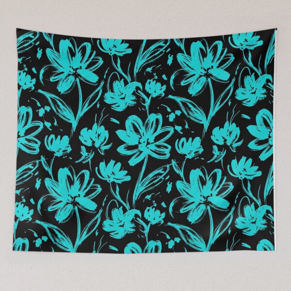Item preview, Cyan Brush Stroke Floral Pattern On Black    designed and sold by Owcomm.