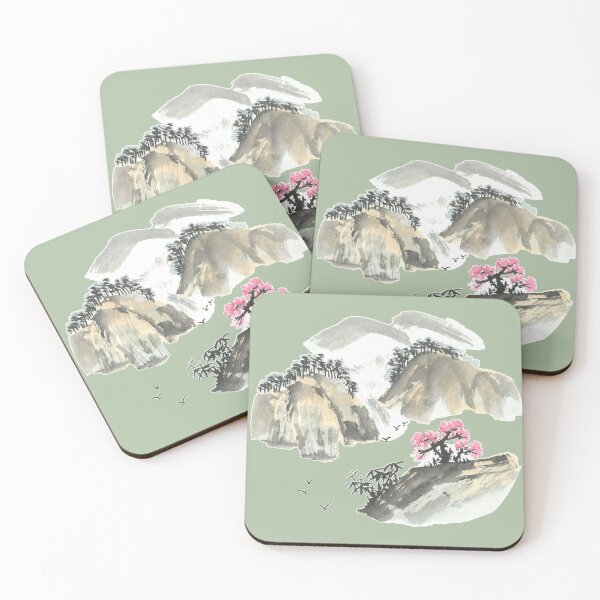 Item preview, Waterfall Mountains and Pink Blossom | East Asian Brush Art designed and sold by HiddenJadeArtStudio.