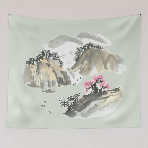 Item preview, Waterfall Mountains and Pink Blossom | East Asian Brush Art designed and sold by HiddenJadeArtStudio.