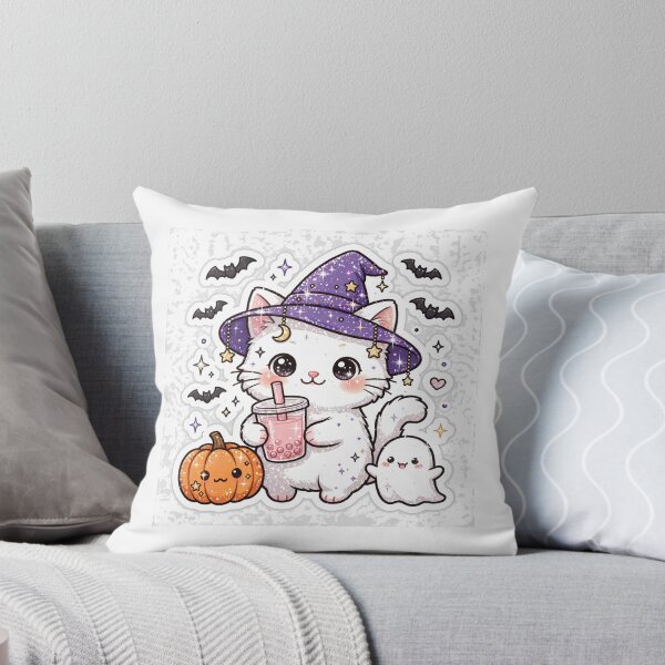 Item preview, White Glitter Witch Cat with Pink Boba and Pumpkin Halloween designed and sold by Sofia art shop.