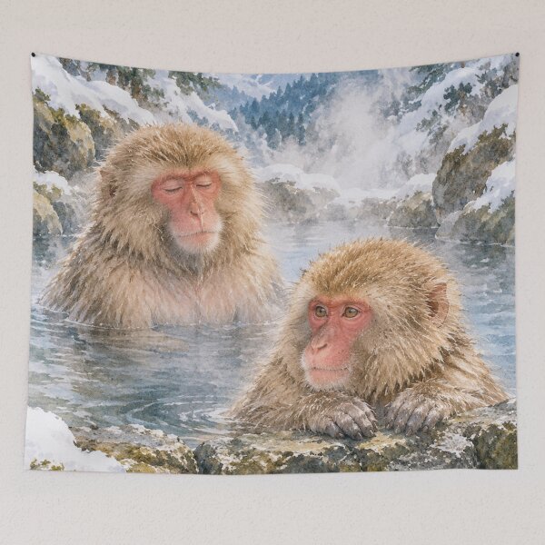 Item preview, Japanese Snow Monkeys Relaxing in Hot Springs Watercolor Art designed and sold by vekotpu.