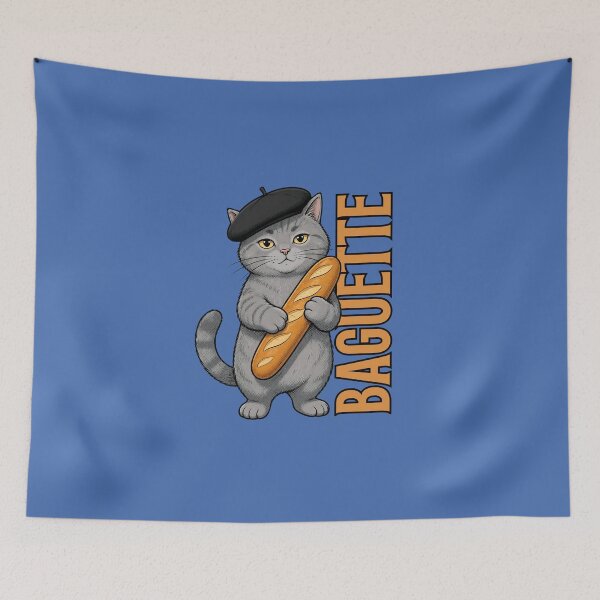 Item preview, Gray Cat in Beret with Baguette designed and sold by Shedronpanda.