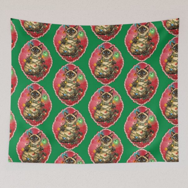 Item preview, Funny Siamese Cat Tangled in Christmas Lights designed and sold by Lion and Lamb Design.