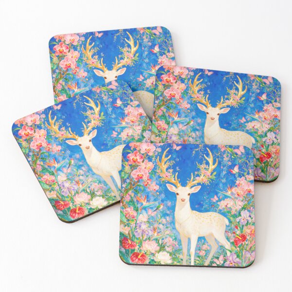 Item preview, The Golden Guardian of an Enchanted Garden – Majestic White Deer with Gilded Antlers and Tropical Flowers designed and sold by soulfulpalette.