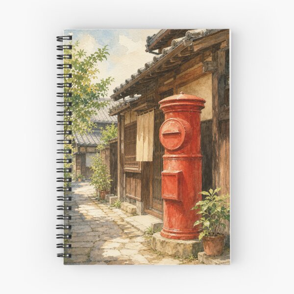 Item preview, Vintage Japanese Red Post Box in Nostalgic Alley Watercolor Art designed and sold by vekotpu.