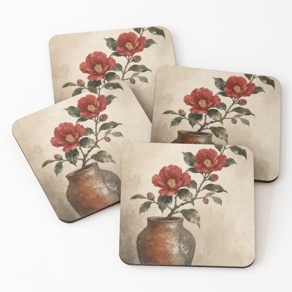 Item preview, Red Camellia Flowers in Vintage Ceramic Vase Botanical Watercolor Art designed and sold by vekotpu.