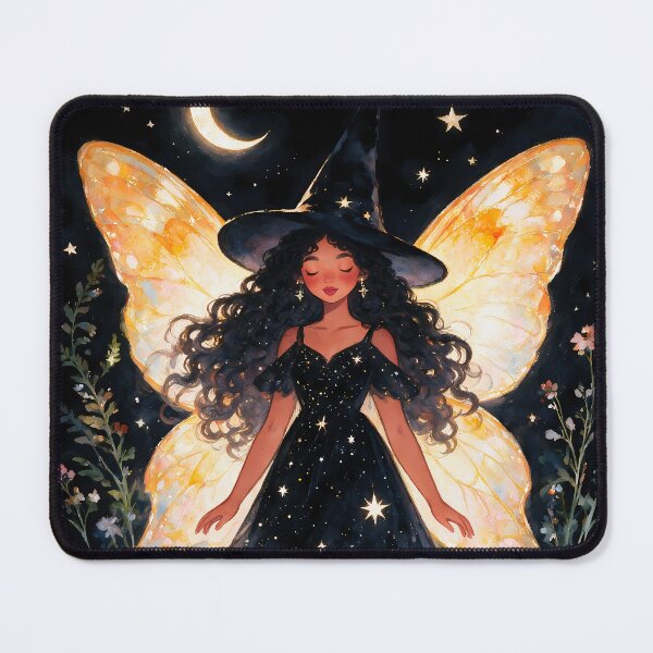 Item preview, The Moonlit Fairy Witch – Enchanted Watercolor Goddess with Golden Butterfly Wings and Starry Black Dress designed and sold by soulfulpalette.