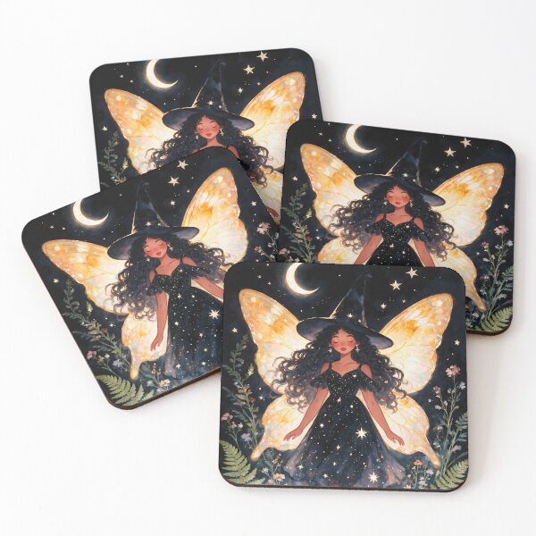 Item preview, The Moonlit Fairy Witch – Enchanted Watercolor Goddess with Golden Butterfly Wings and Starry Black Dress designed and sold by soulfulpalette.