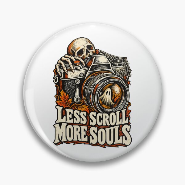 Item preview, Less Scroll More Souls – Skull Camera Photography Pun designed and sold by Carved Exposure.