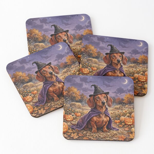 Item preview, Dachshund Witch in the Pumpkin Patch - Halloween Doxie designed and sold by LongDogPrintsCo.