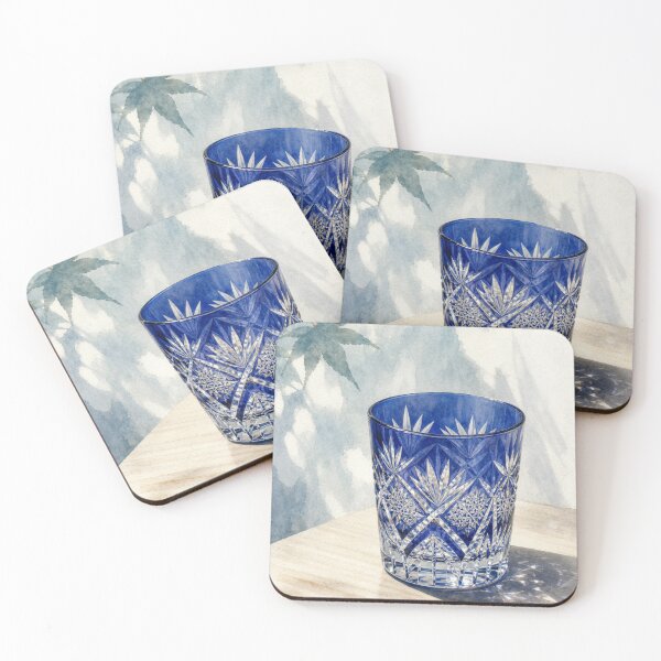 Item preview, Japanese Blue Edo Kiriko Cut Glass and Maple Leaves Watercolor Art designed and sold by vekotpu.