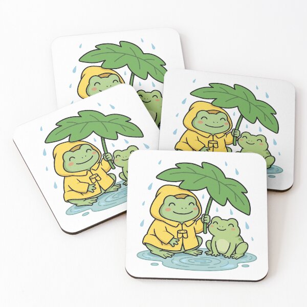 Item preview, Frog in Yellow Raincoat Holding Leaf Umbrella Over a Smaller Frog, Cute Rainy Day Frogs designed and sold by ElicitaDesign.
