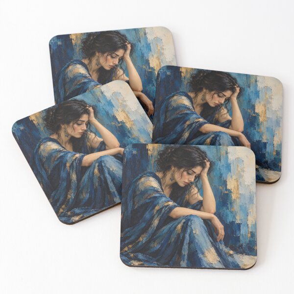 Item preview, Melancholy in Blue and Gold – Emotional Woman Fine Art Painting designed and sold by sonsunarts.