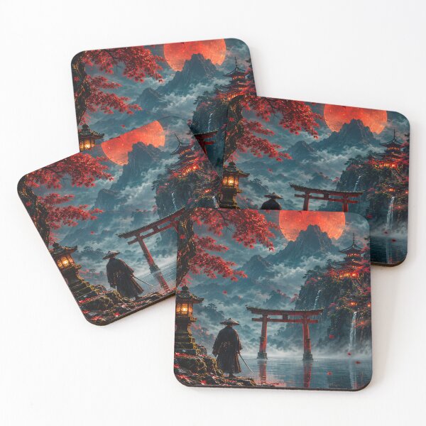 Item preview, Lone Samurai Red Moon Torii Gate Japanese Maple Art designed and sold by Virtuoussignal.