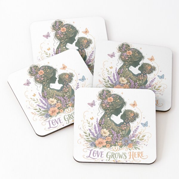 Item preview, Love Grows Here Mother and Child Floral Silhouette Cottagecore Art designed and sold by inkoutninja.