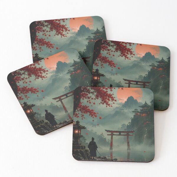 Item preview, Samurai by the Torii Gate Misty Japanese Landscape Art designed and sold by Virtuoussignal.