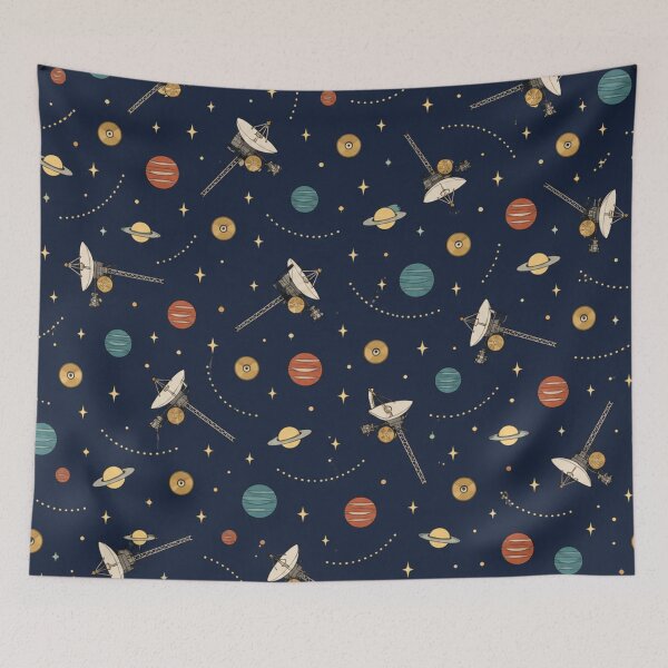 Item preview, Voyager Spacecraft Pattern | 1970s Deep Space Probes, Golden Records and Ringed Planets on Navy designed and sold by NominalSystems.