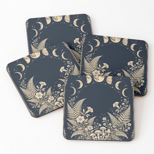 Item preview, Moon Phases over Ferns and Mushrooms in Navy and Gold, Celestial Botanical Poster designed and sold by ElicitaDesign.