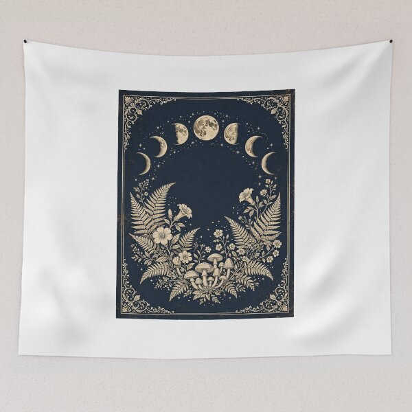 Item preview, Moon Phases over Ferns and Mushrooms in Navy and Gold, Celestial Botanical Poster designed and sold by ElicitaDesign.
