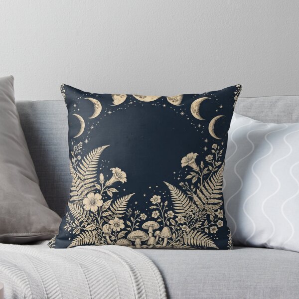 Item preview, Moon Phases over Ferns and Mushrooms in Navy and Gold, Celestial Botanical Poster designed and sold by ElicitaDesign.