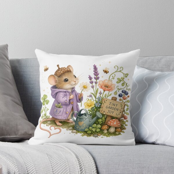 Item preview, Tiny Garden Joy Cute Mouse Gardener Cottagecore Floral Whimsical Art designed and sold by inkoutninja.